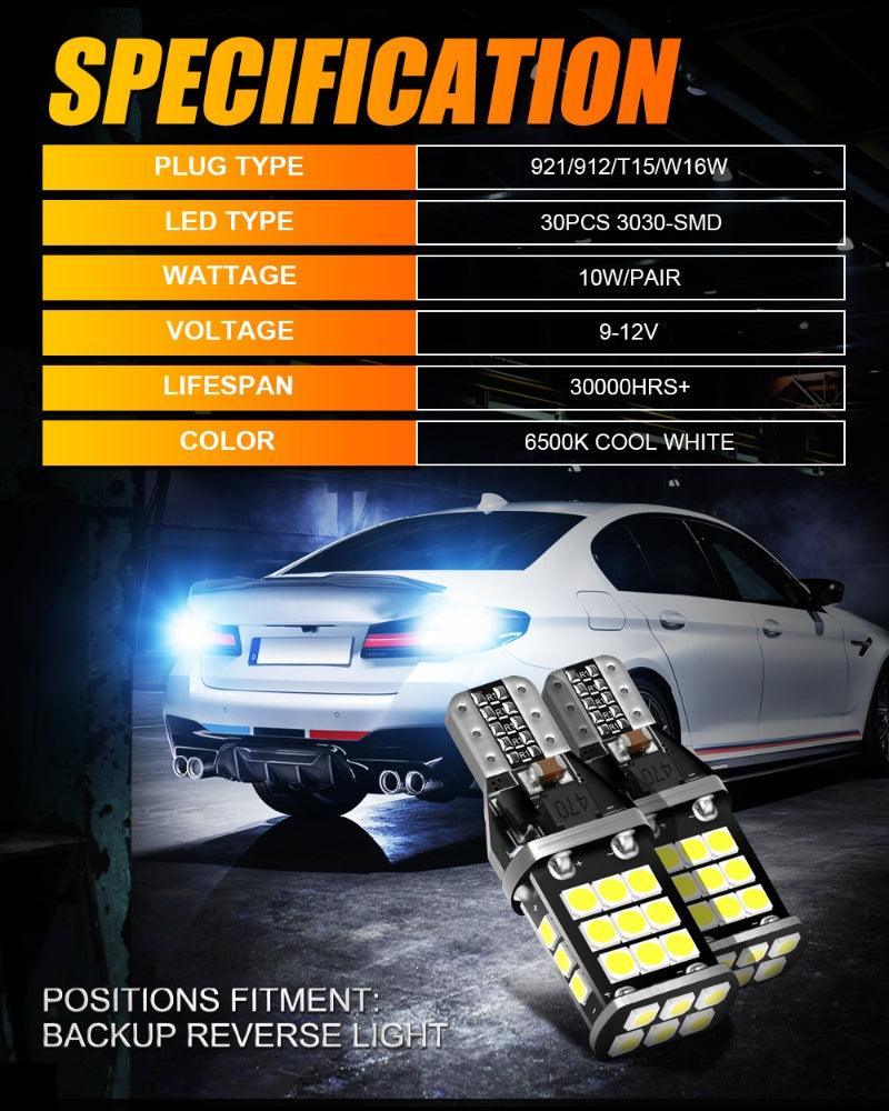 Auxbeam 912 921 T15 W16W LED Back-up/Brake/Tail Light Bulbs 10W 6500K White 2