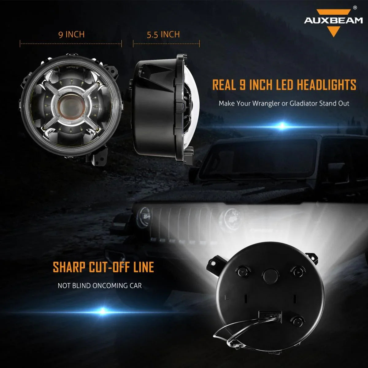Auxbeam 9'' Round 100W LED light for 2018-2022 Jeep Wrangler JL, 2019-2022