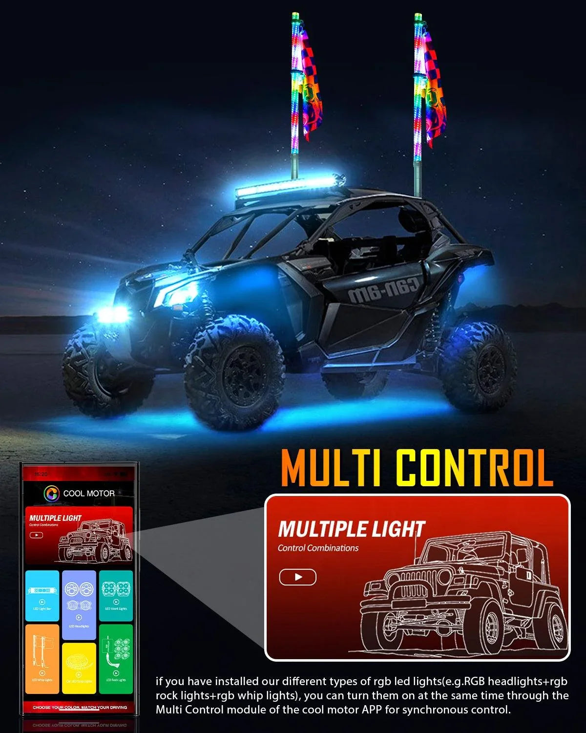 Auxbeam 2.8FT LED RGB Whip Lights with Turn Signal & Brake Light