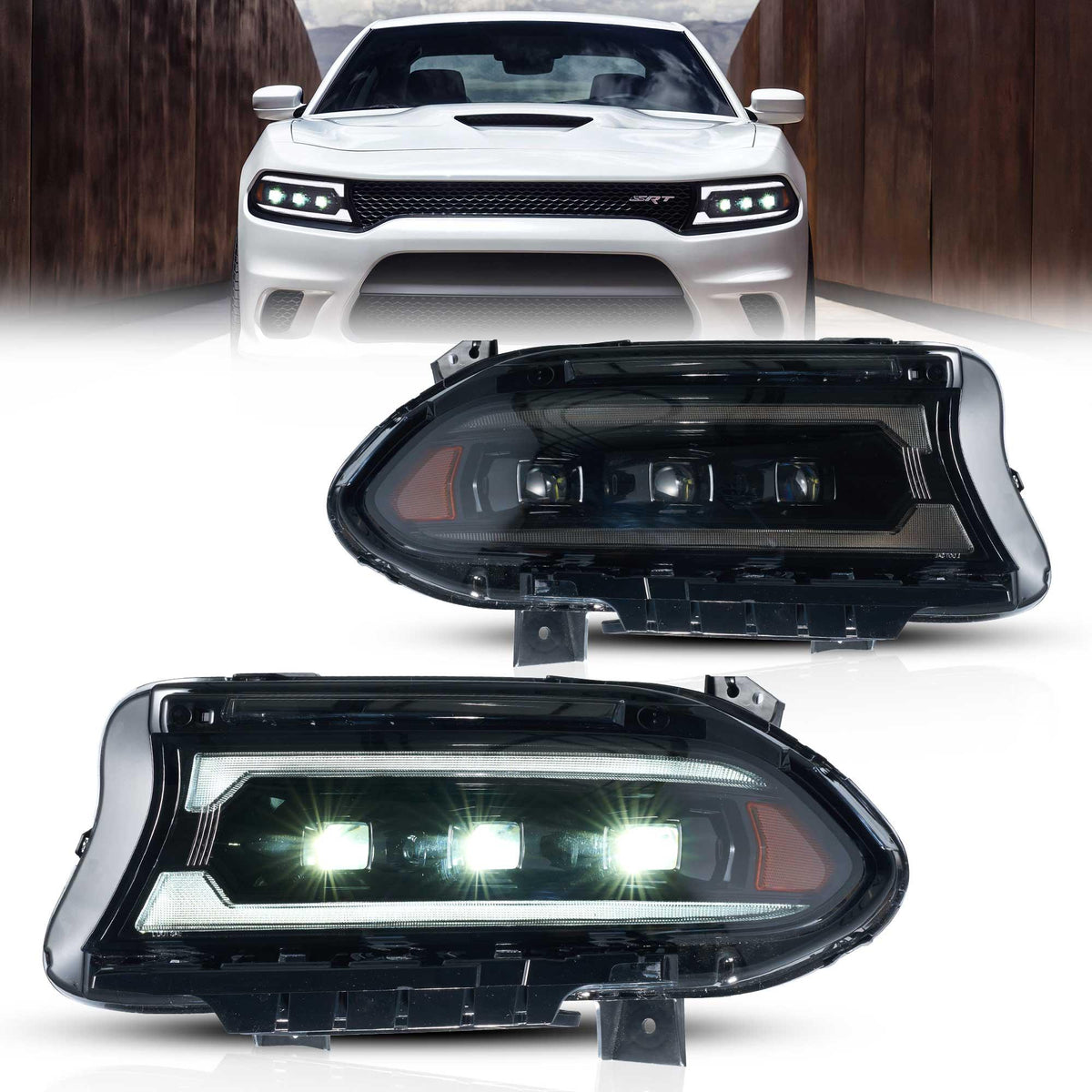 Vland Bi-LED Projectors Headlights Assembly Black for 2015-2023 Dodge Charger