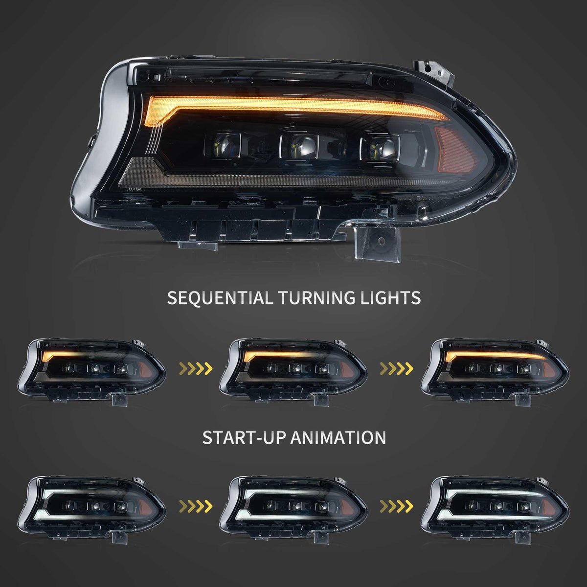 Vland Bi-LED Projectors Headlights Assembly Black for 2015-2023 Dodge Charger