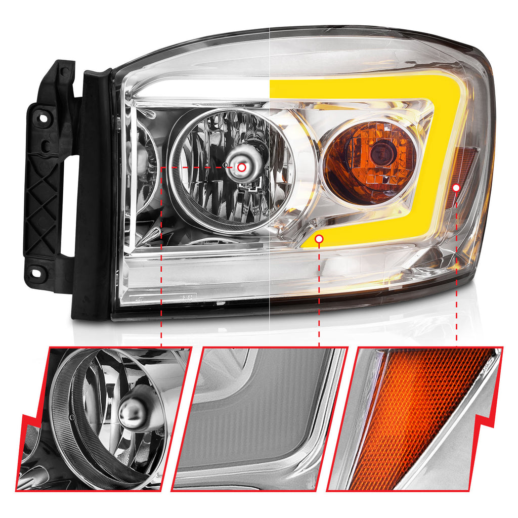2006-2008 Dodge Ram CRYSTAL HEADLIGHT W/ LIGHT BAR SWITCHBACK CHROME HOUSING CLEAR LENS