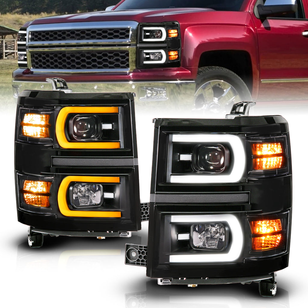 2014-2015 Chevrolet Silverado 1500 Black Housing Dual Switchback+Sequential LED Tube Square Projector Headlights