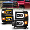 2014-2015 Chevrolet Silverado 1500 Black Housing Dual Switchback+Sequential LED Tube Square Projector Headlights