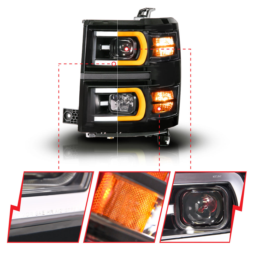2014-2015 Chevrolet Silverado 1500 Black Housing Dual Switchback+Sequential LED Tube Square Projector Headlights
