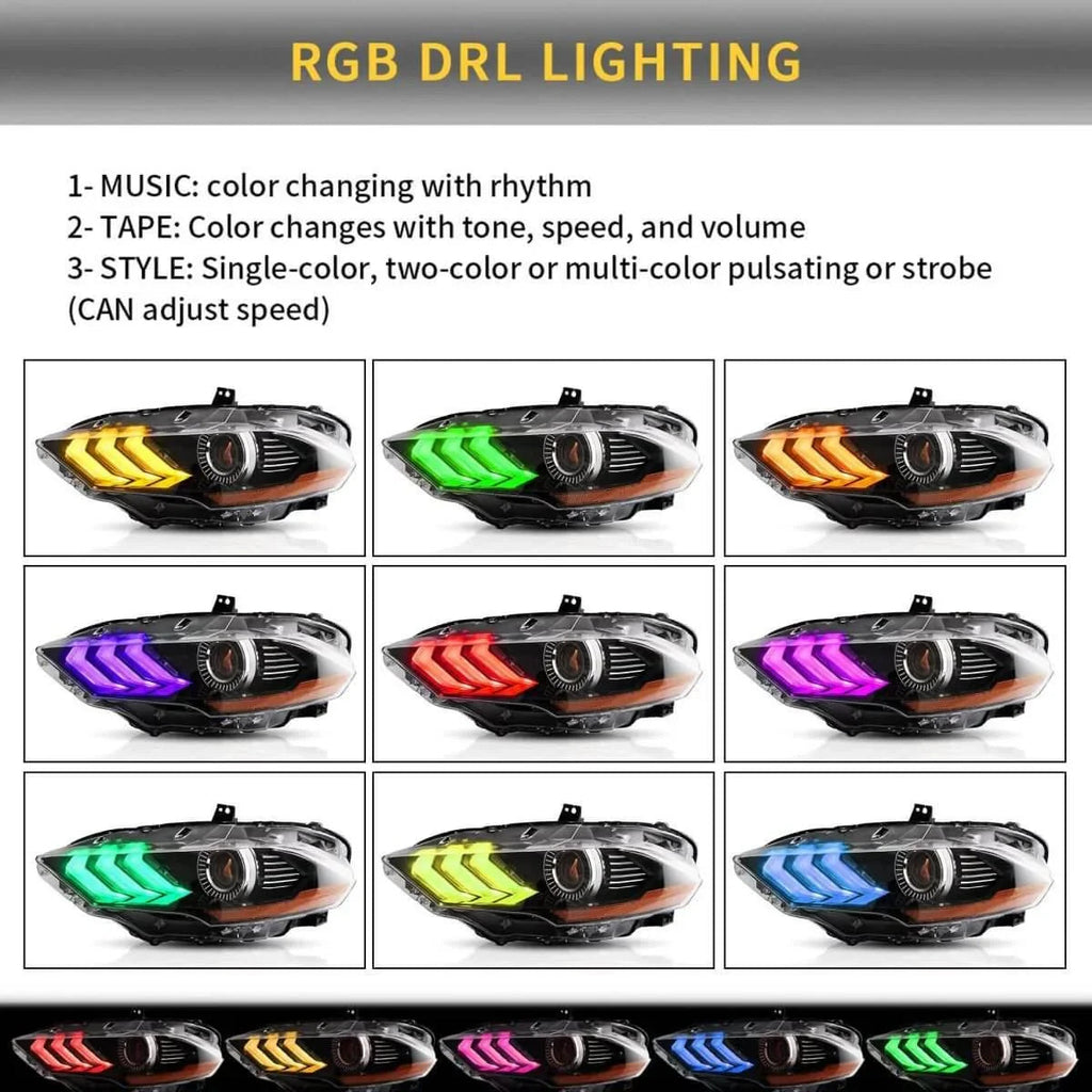 Vland LED Headlight Assembly RGB Dual Beam Projector for 2018-up Ford Mustang