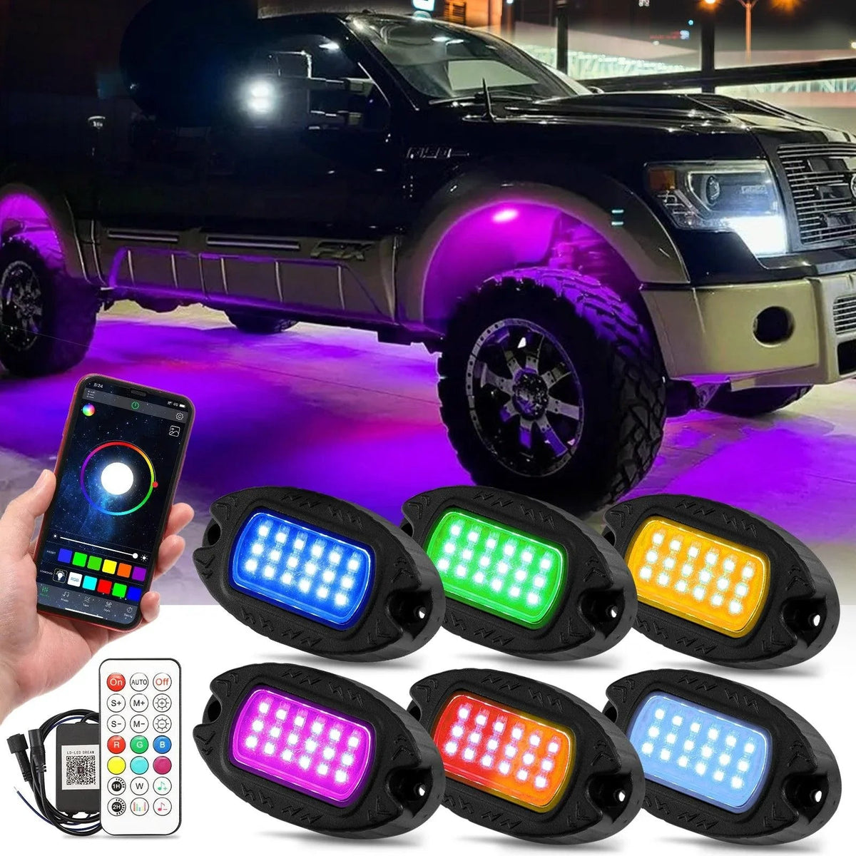 Auxbeam RGB LED Rock Lights Kit with Bluetooth APP & Wireless Remote Control