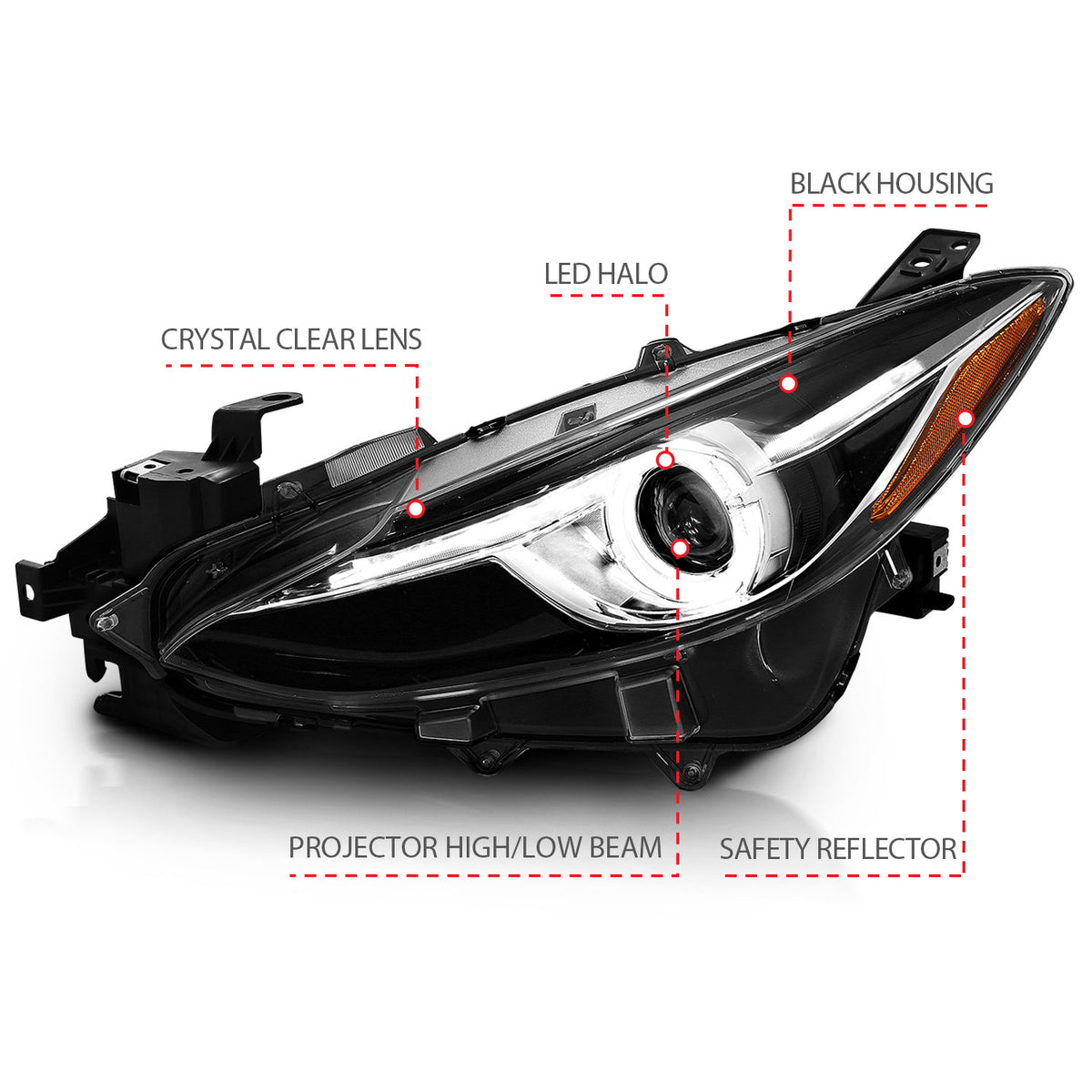 2014-2017 Mazda 3 Projector Headlight Set W/ LED Halo