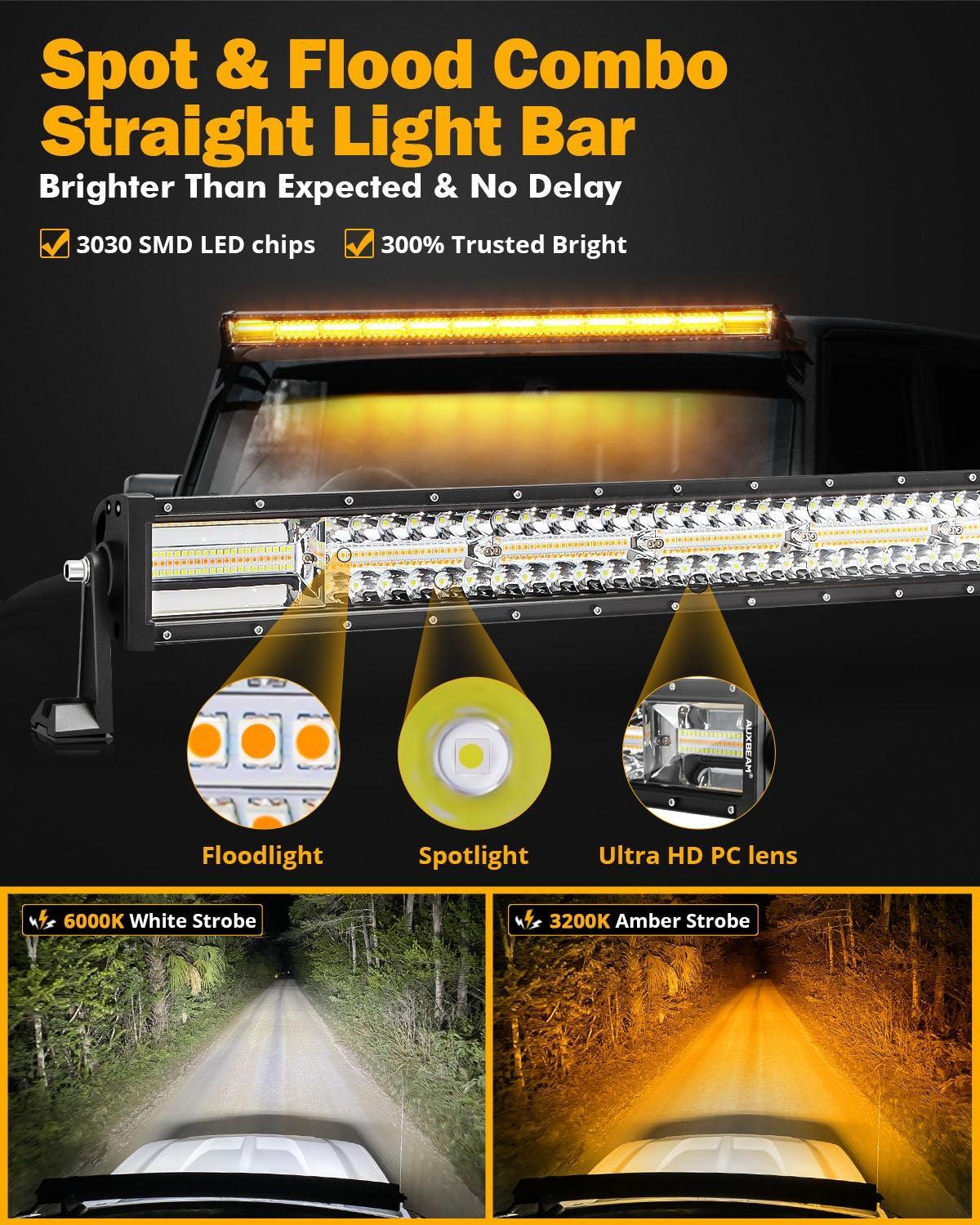 Auxbeam 50 Inch 6 Modes White&Amber Straight Off Road Led Light Bar