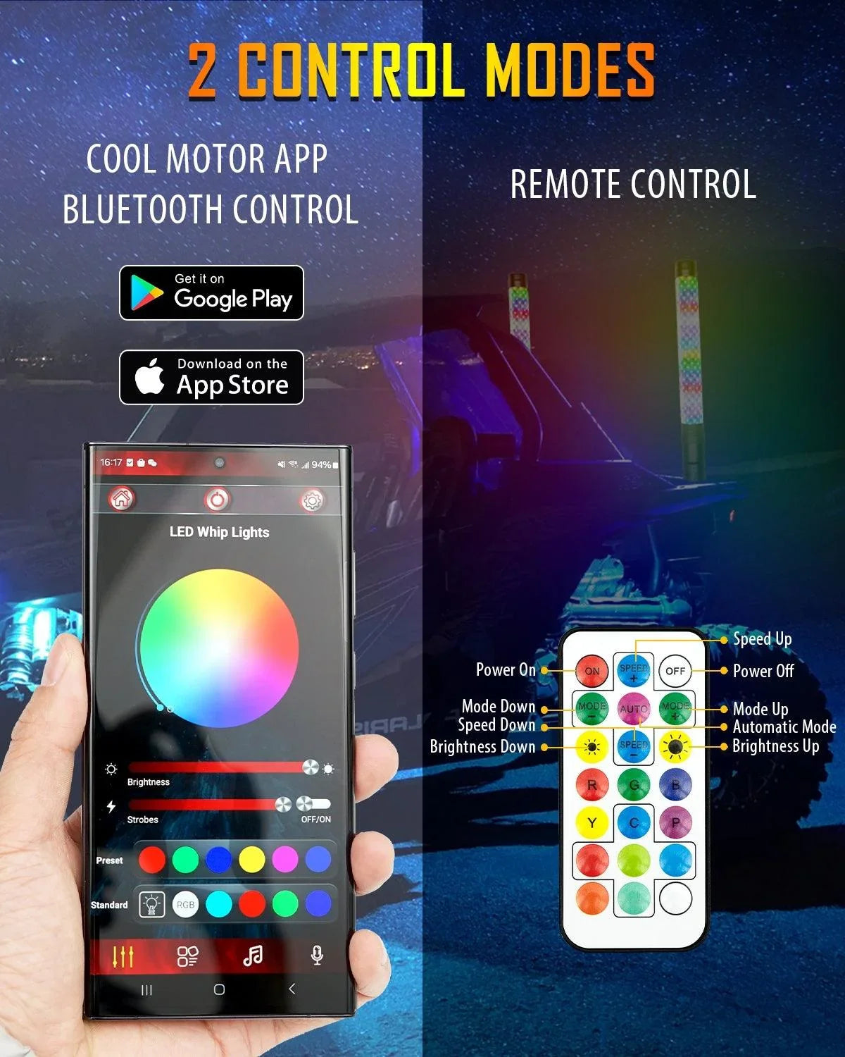 Auxbeam 1.9FT LED RGB Whip Lights with Turn Signal & Brake Light
