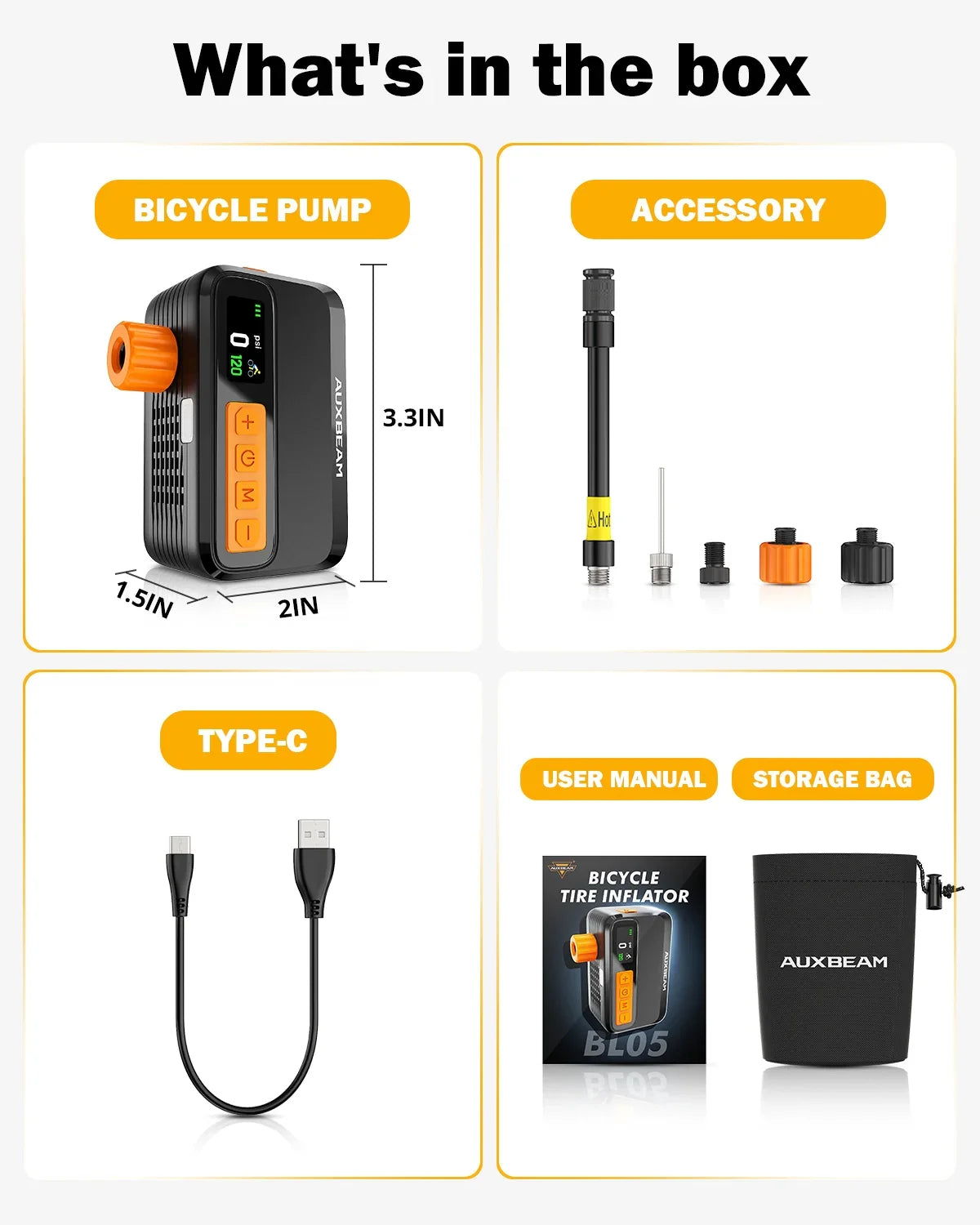 Auxbeam BL05 120PSI High-Performance Mini Handheld Bike Pump Brushless Motor