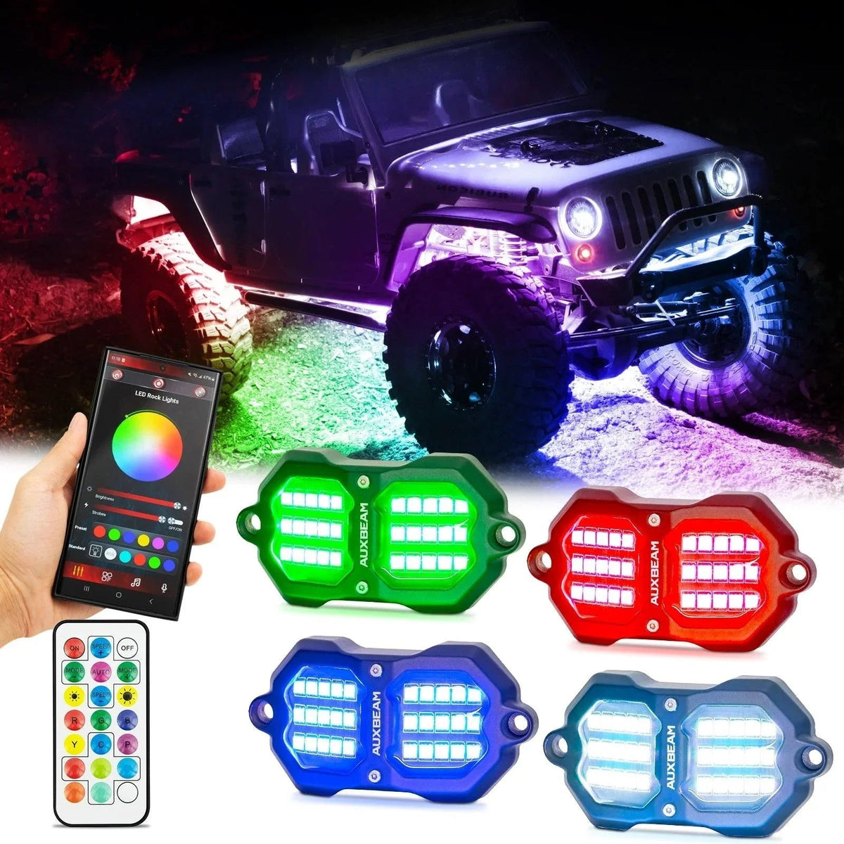Auxbeam Vibrant Series 4PCS RGB LED Rock Lights Kit Multicolor Neon Underglow