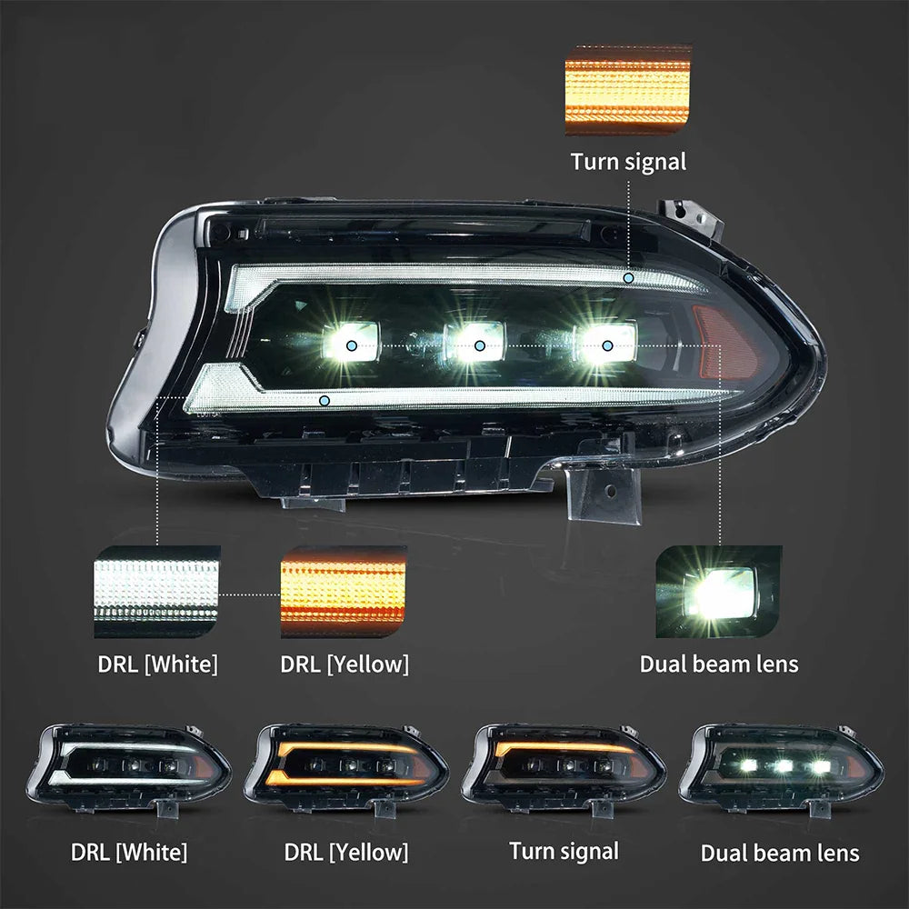 Vland Bi-LED Projectors Headlights Assembly Black for 2015-2023 Dodge Charger