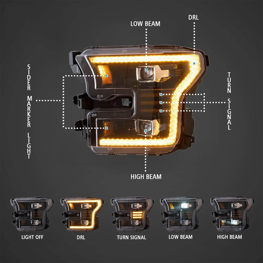 Vland LED Headlight Assembly Dual Beam Projector Black for 2015-2017 Ford F150