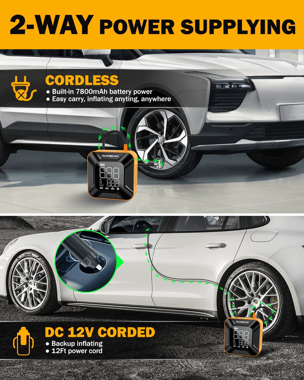 Auxbeam Model-H6 28mm Cylinder Portable Car Tire Inflator Air Compressor Pump