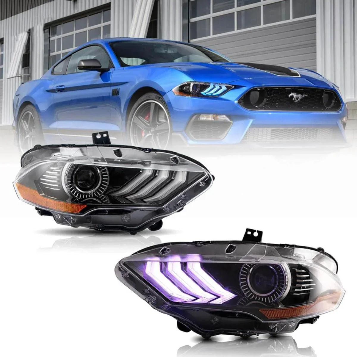 Vland LED Headlight Assembly RGB Dual Beam Projector for 2018-up Ford Mustang