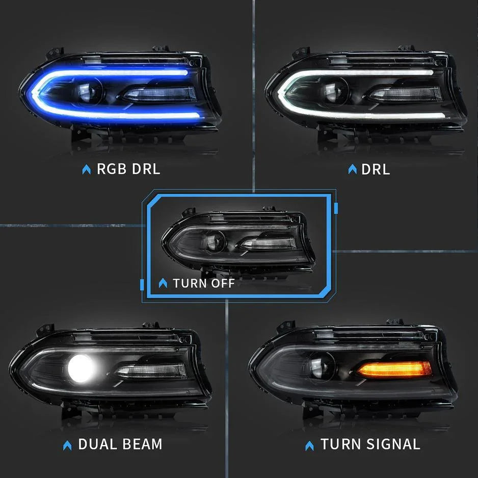 Vland LED Headlight Assembly RGB Style for 2015-2023 Dodge Charger 7th Gen (LD)