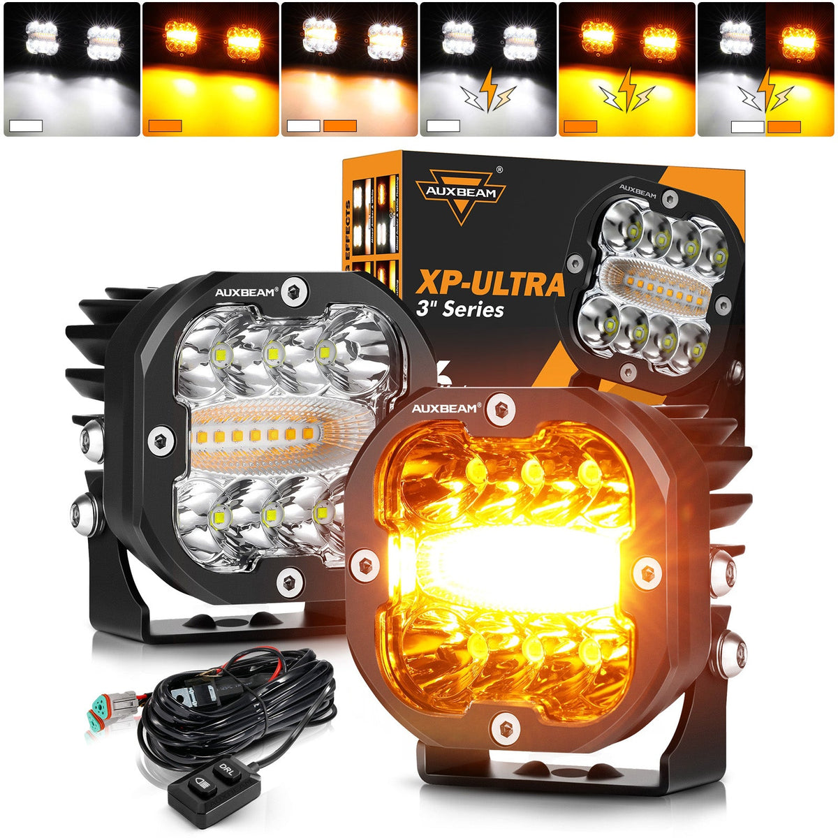 Auxbeam XP-ULTRA Series 3 INCH 96W LED PODS WHITE AMBER FLASHING LED DRIVING