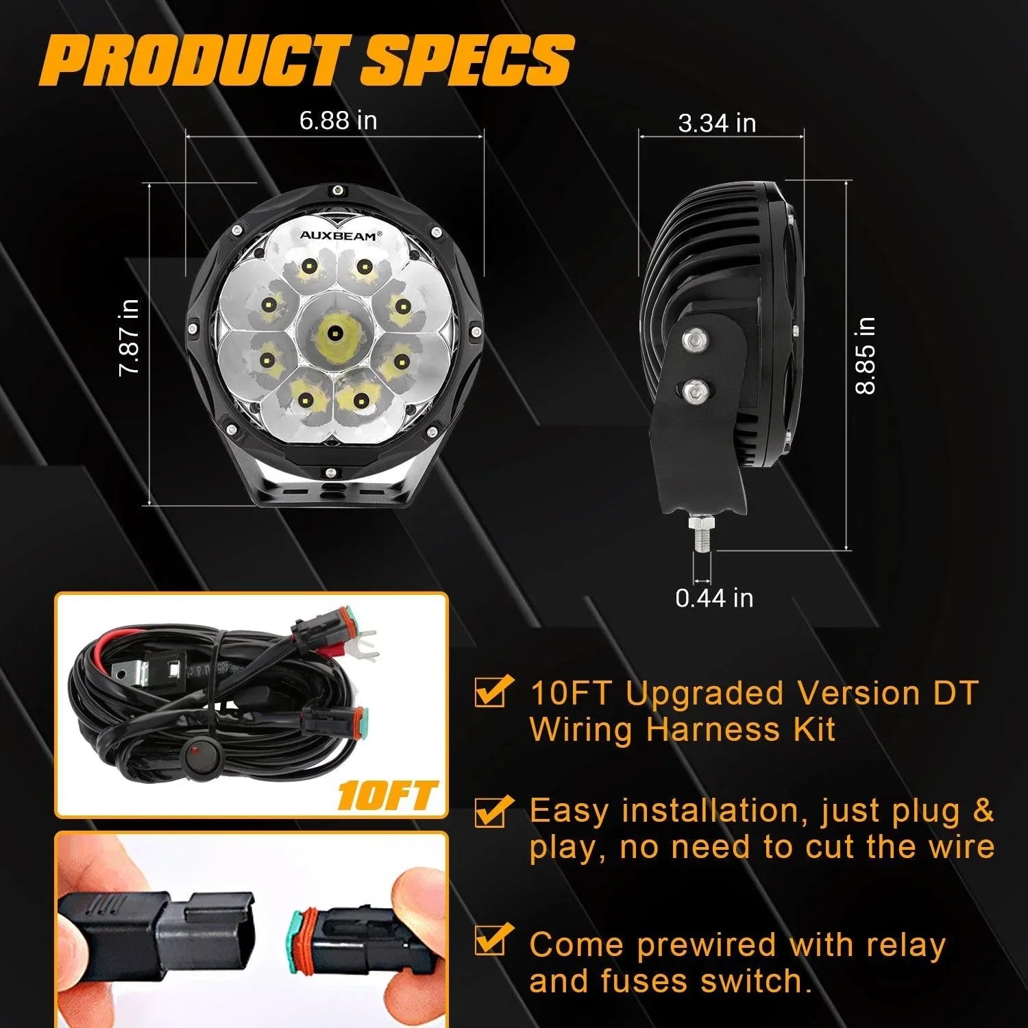 7 Inch 90W Round Spot Beam Offroad LED Driving Lights w/ SAE Compliant+Amber/Black Covers(Optional)
