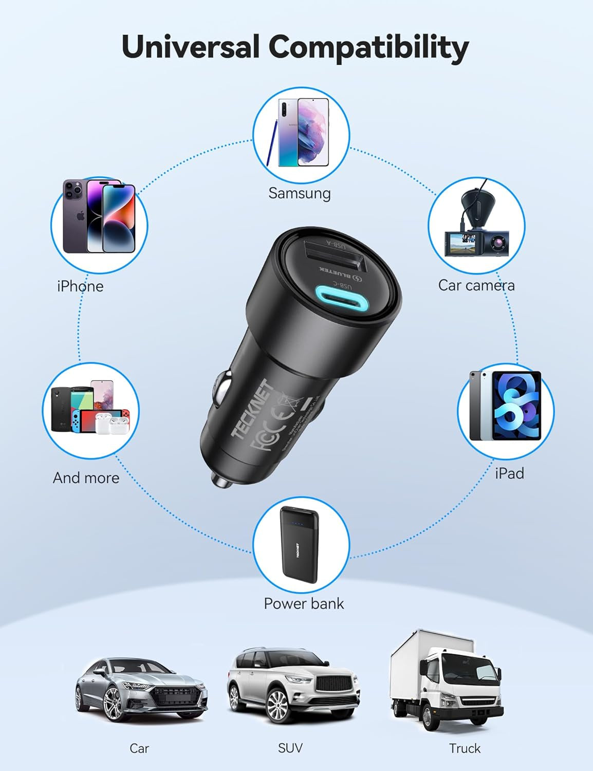 TECKNET 48W 2-Port Fast Car Charger [2-Pack] - USB-C PD 30W & USB-A QC 18W
