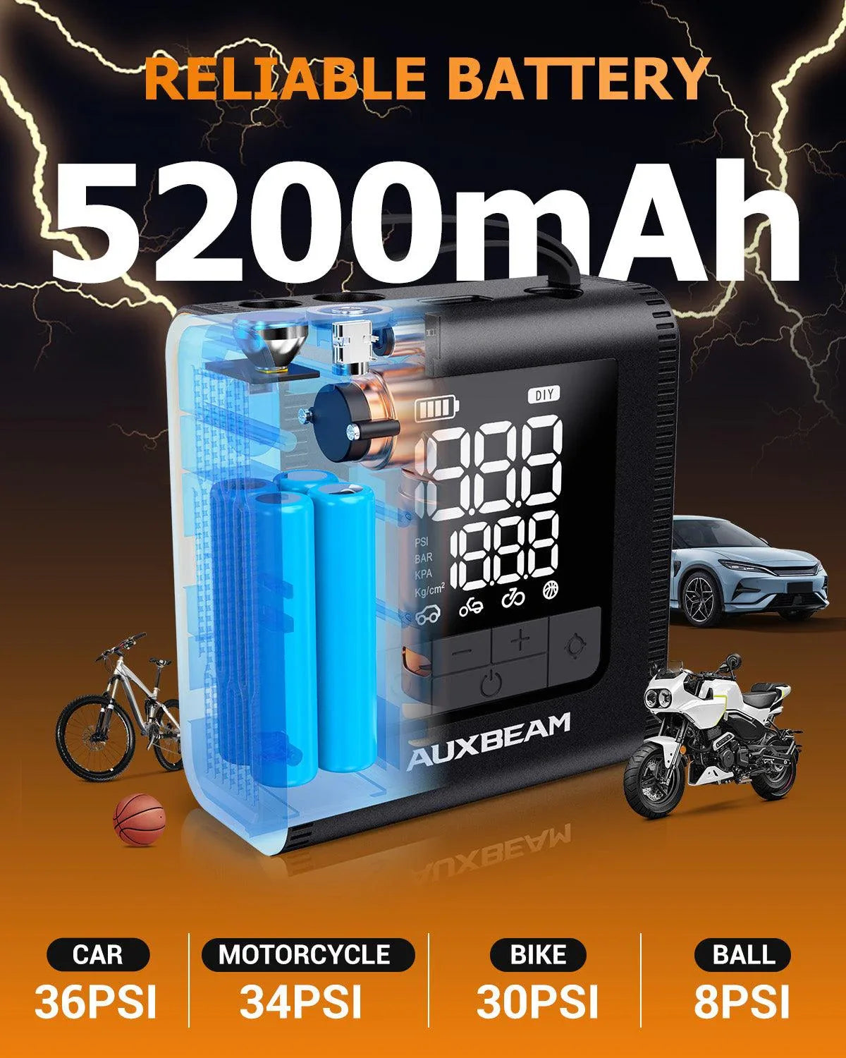 Auxbeam Model-H4 PRO 19mm Cylinder Portable Car Tire Inflator Air Compressor