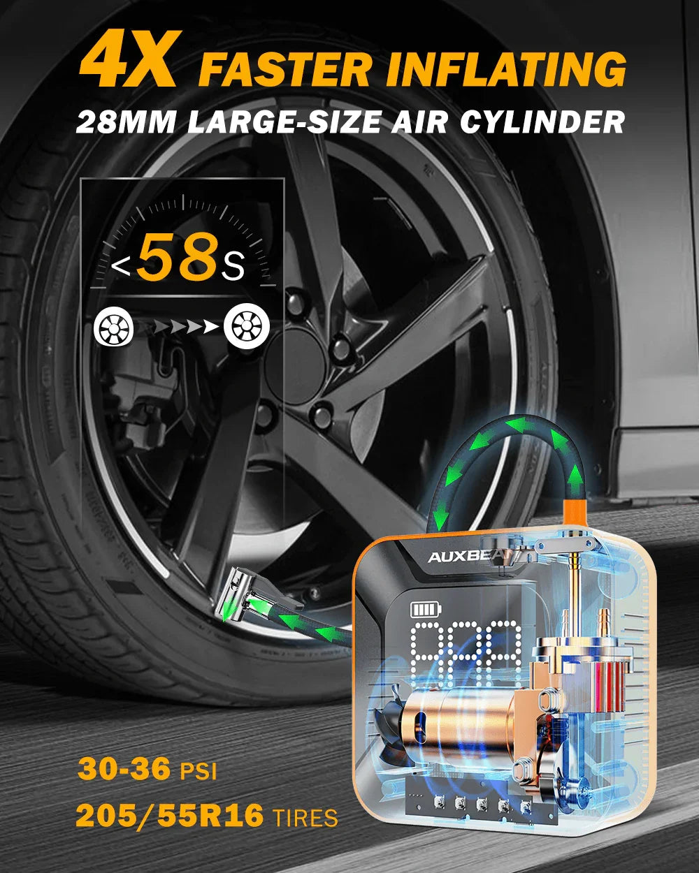 Auxbeam Model-H6 28mm Cylinder Portable Car Tire Inflator Air Compressor Pump