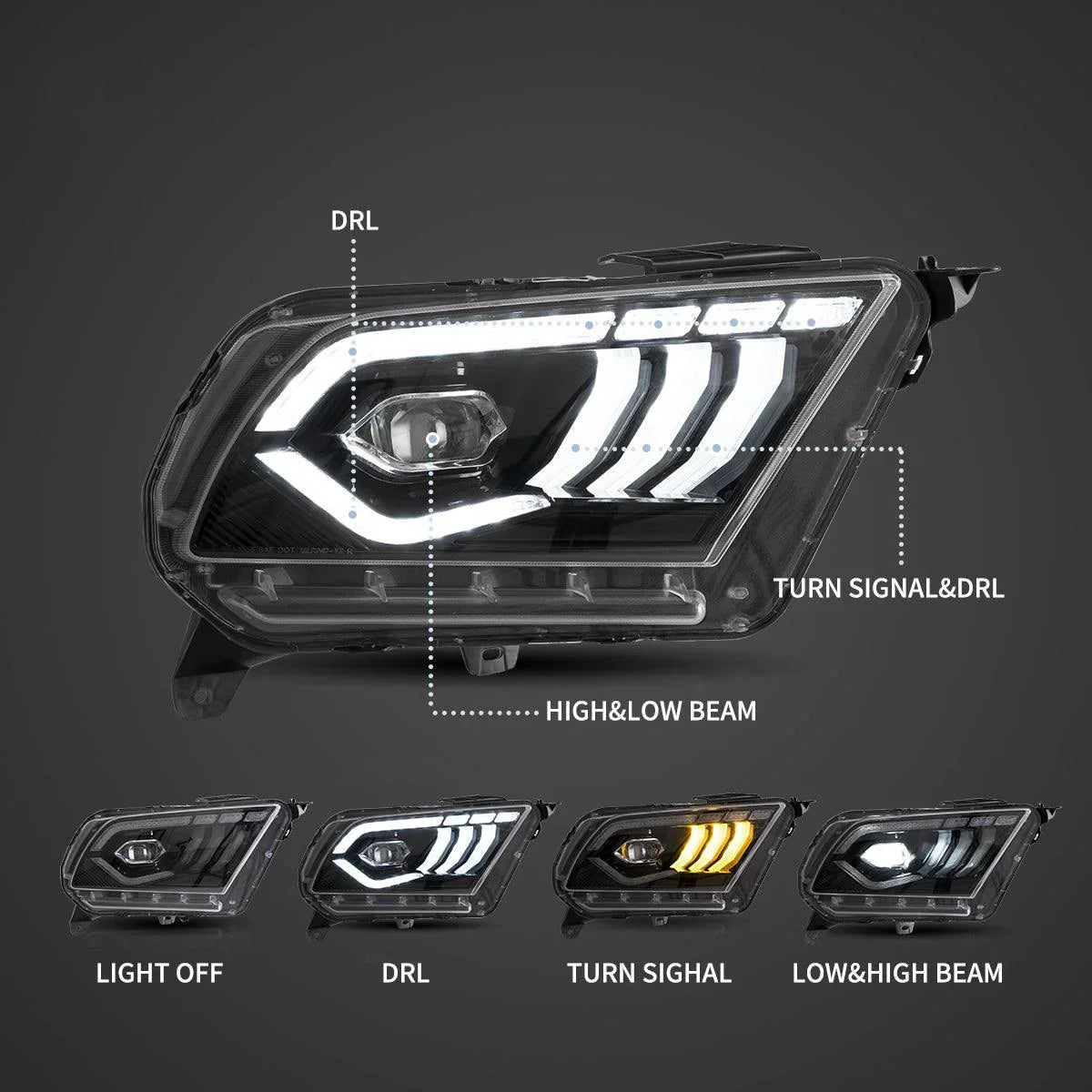 Vland DOT Approved LED Headlight for 2010-2014 Ford Mustang 5th Gen Facelifted