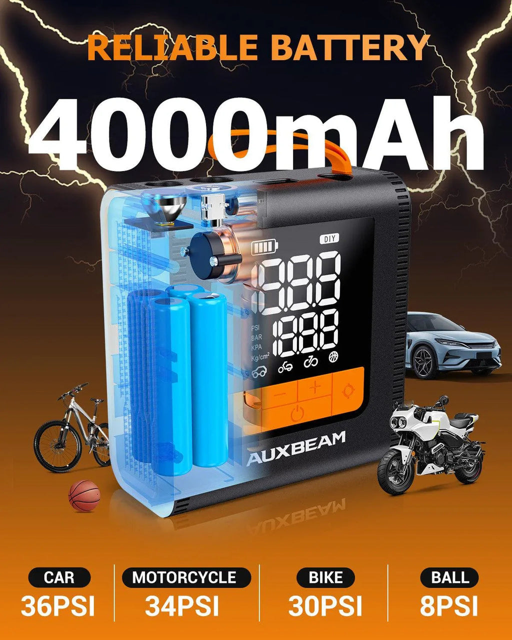 Auxbeam Model-H4 19mm Cylinder Portable Car Tire Inflator Air Compressor Pump