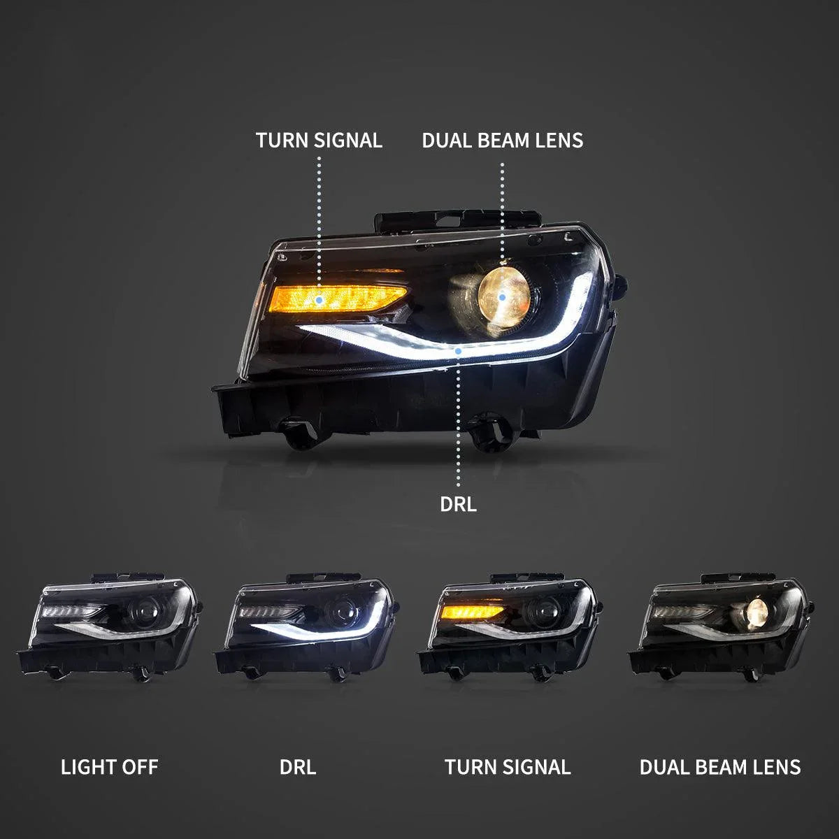 Vland LED Headlight Assembly RGB Dual Beam for 2014-2015 Chevrolet Camaro