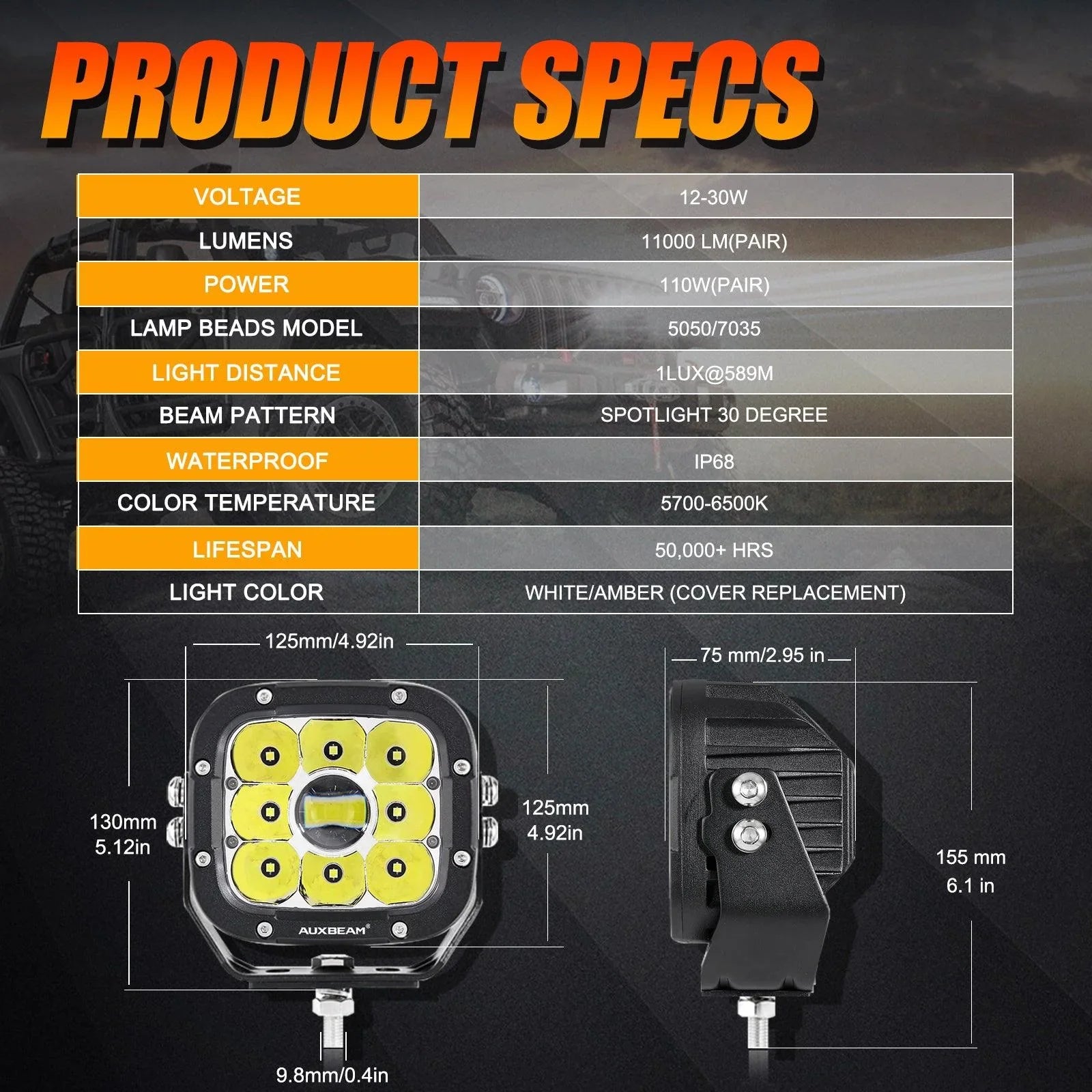 5 Inch 110W White/Amber Spot Light LED Driving Lights for Toyota Tacoma