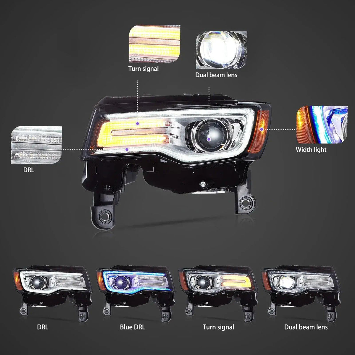 Vland LED Headlight Assembly Full LED for 2014-2022 Jeep Grand Cherokee (WK2)
