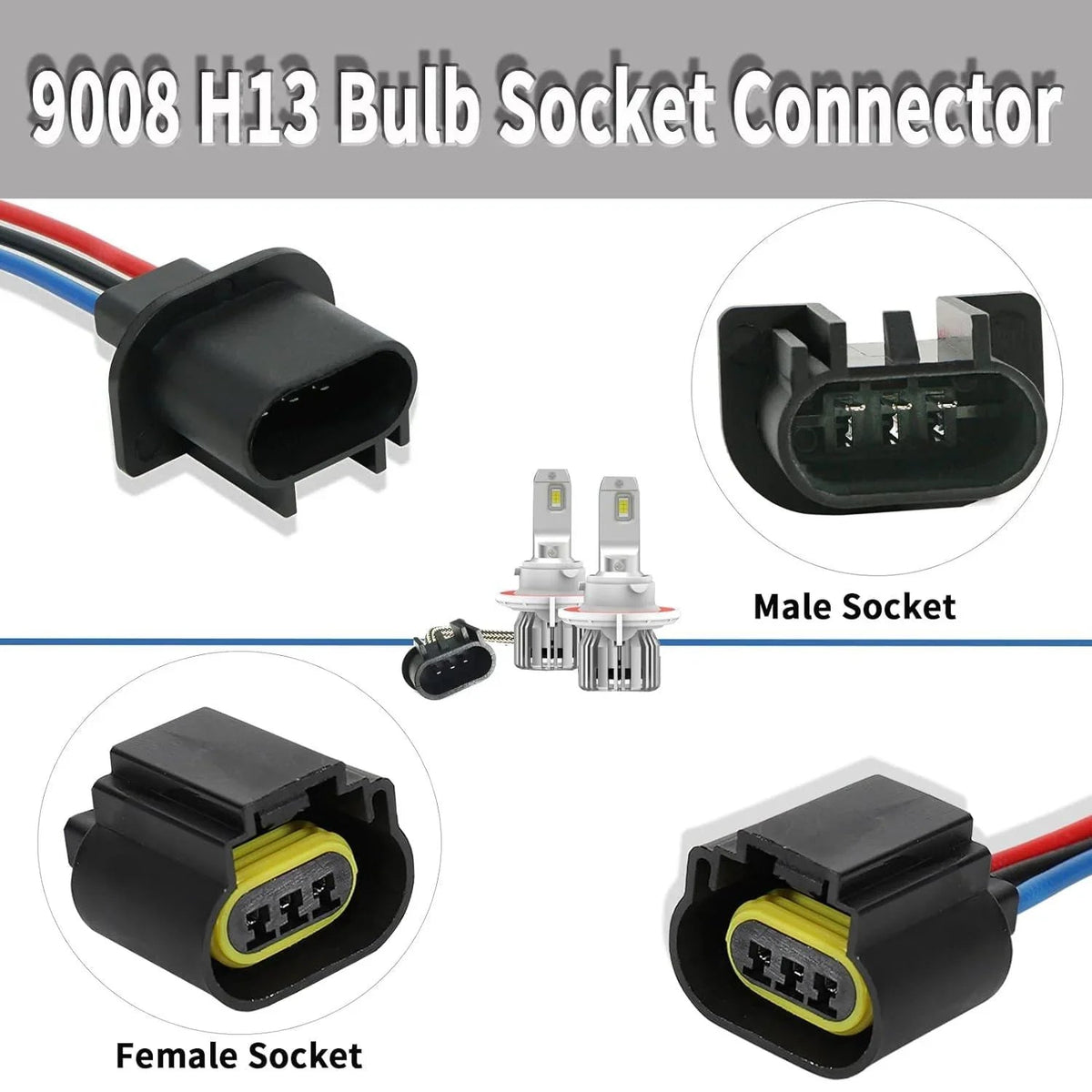 Auxbeam H13 LED Headlight Socket Male & Female Adapter Wiring Harness Connector