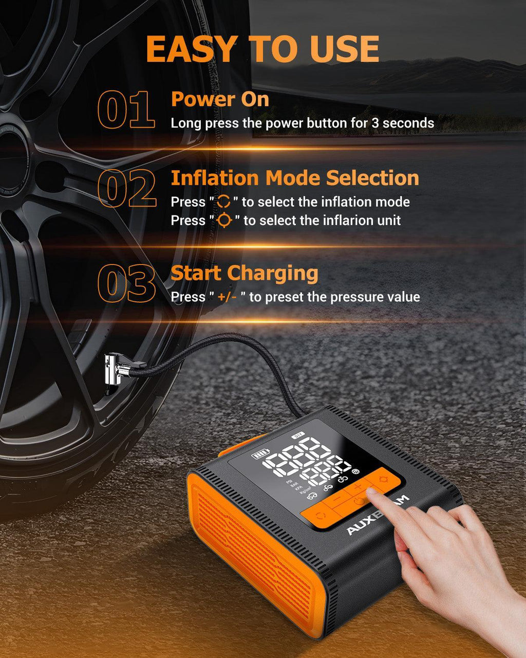 Auxbeam Model-H4 19mm Cylinder Portable Car Tire Inflator Air Compressor Pump
