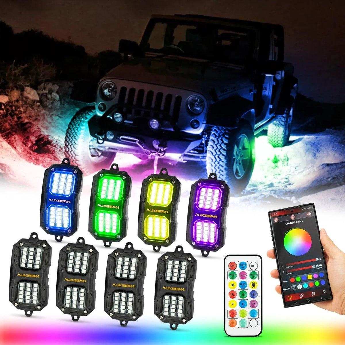 Auxbeam Vibrant Series 8PCS RGB LED Rock Lights Kit Multicolor Neon Underglow