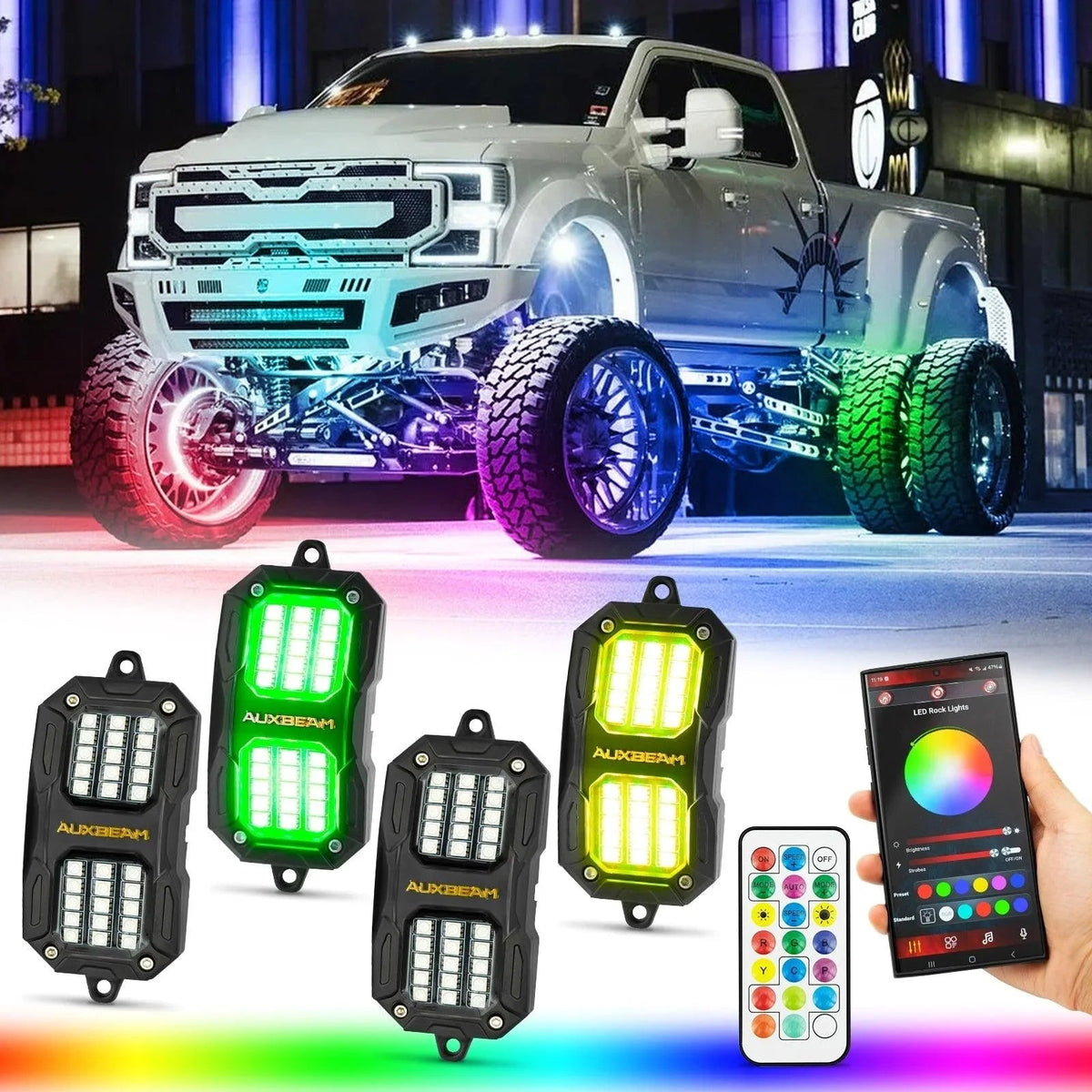 Auxbeam Vibrant Series 4PCS RGB LED Rock Lights Kit Multicolor Neon Underglow