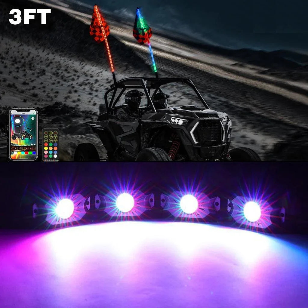Auxbeam 2Pcs 3FT RGB LED Whip Lights with Turn Signal & Brake Light + RGB LED
