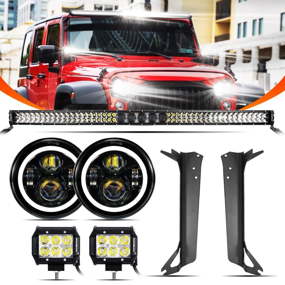 Auxbeam 7" LED Halo Headlights+5D-PRO 52" Straight LED for Jeep Wrangler TJ