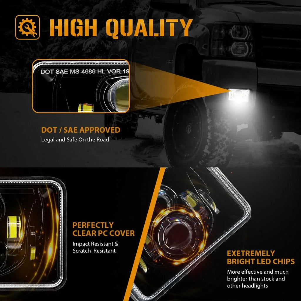 Auxbeam 4X6 Inch 55W Rectangular LED Headlight Dot Approved Black