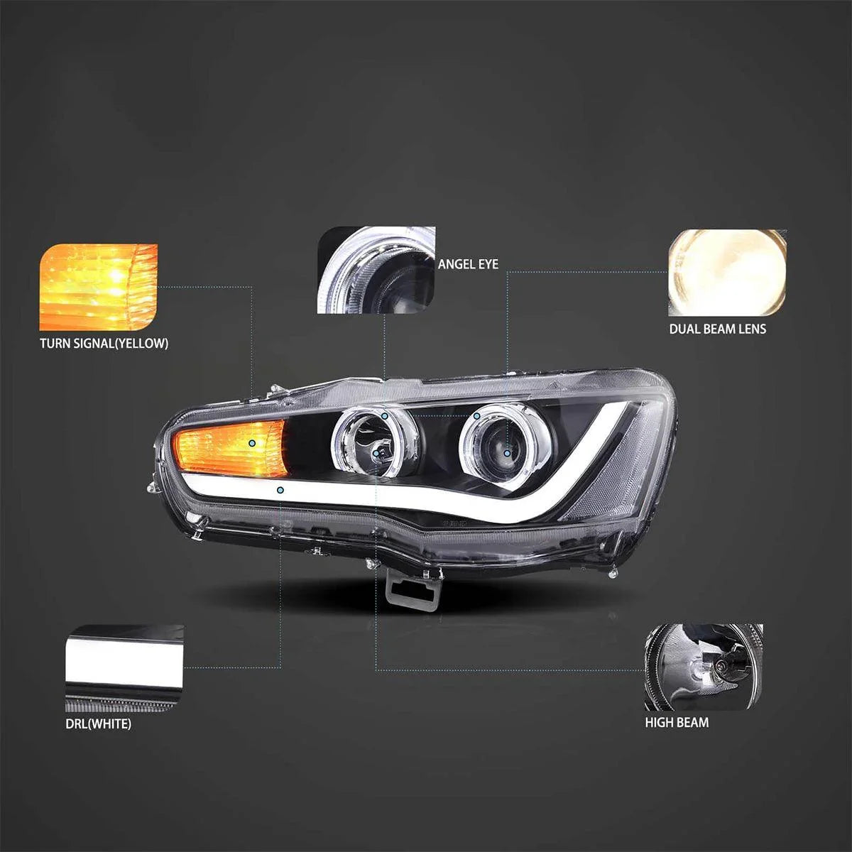 Vland LED Headlight Assembly for 2008-2017 Mitsubishi Lancer 9th Gen Evo X GSR