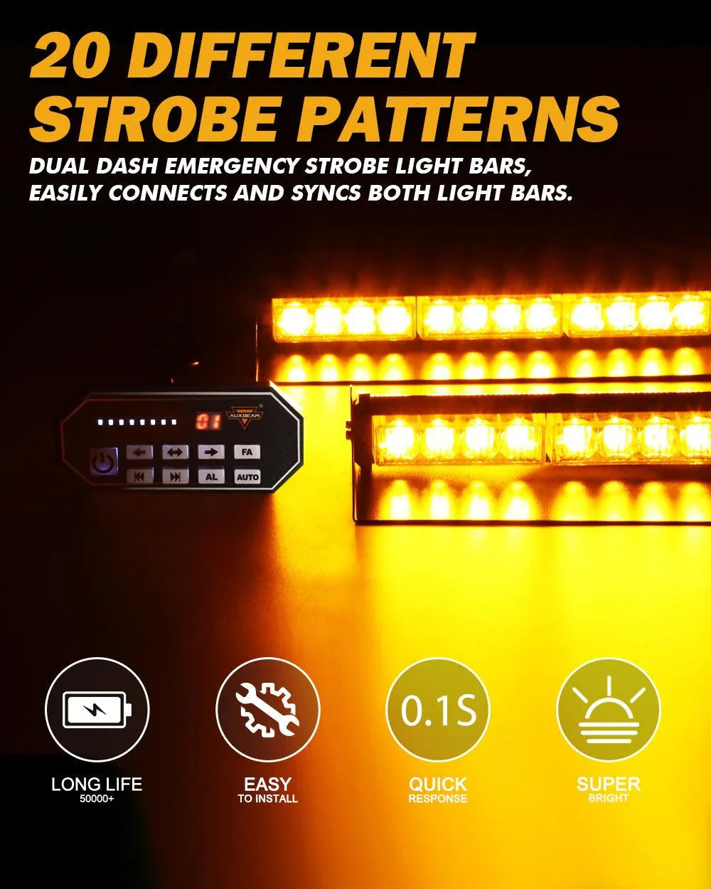 Auxbeam 17" Dual Windshield Dash Strobe Light Bars 20 Flashing Patterns