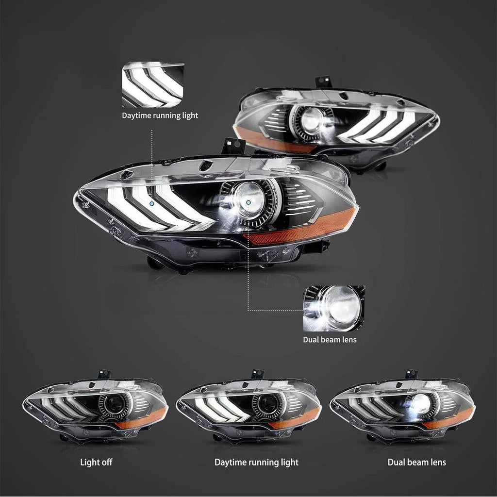 Vland LED Headlight Assembly RGB Dual Beam Projector for 2018-up Ford Mustang