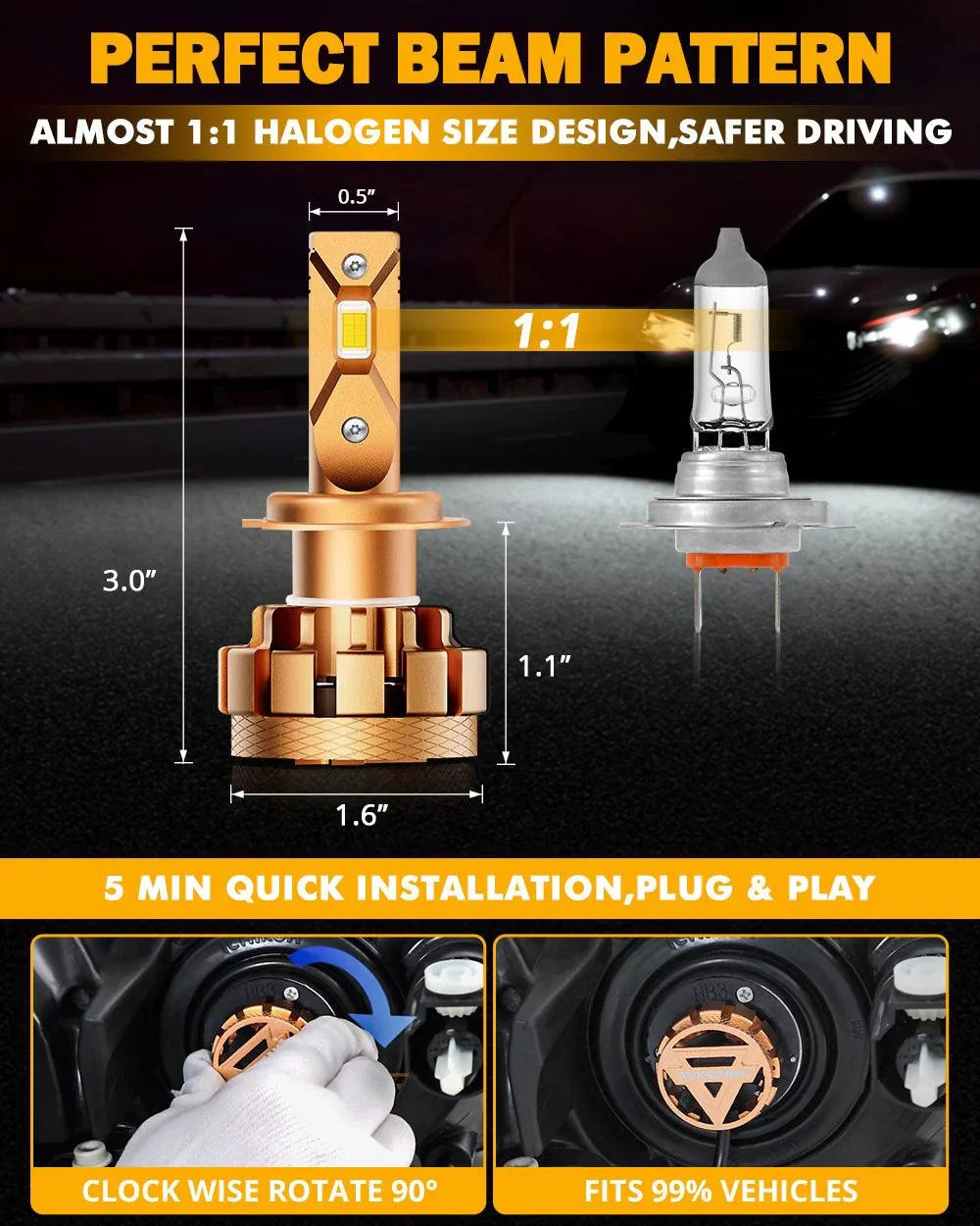 Auxbeam H7 LED Headlight Bulbs 70W F-16 Plus Series 2 Bulbs