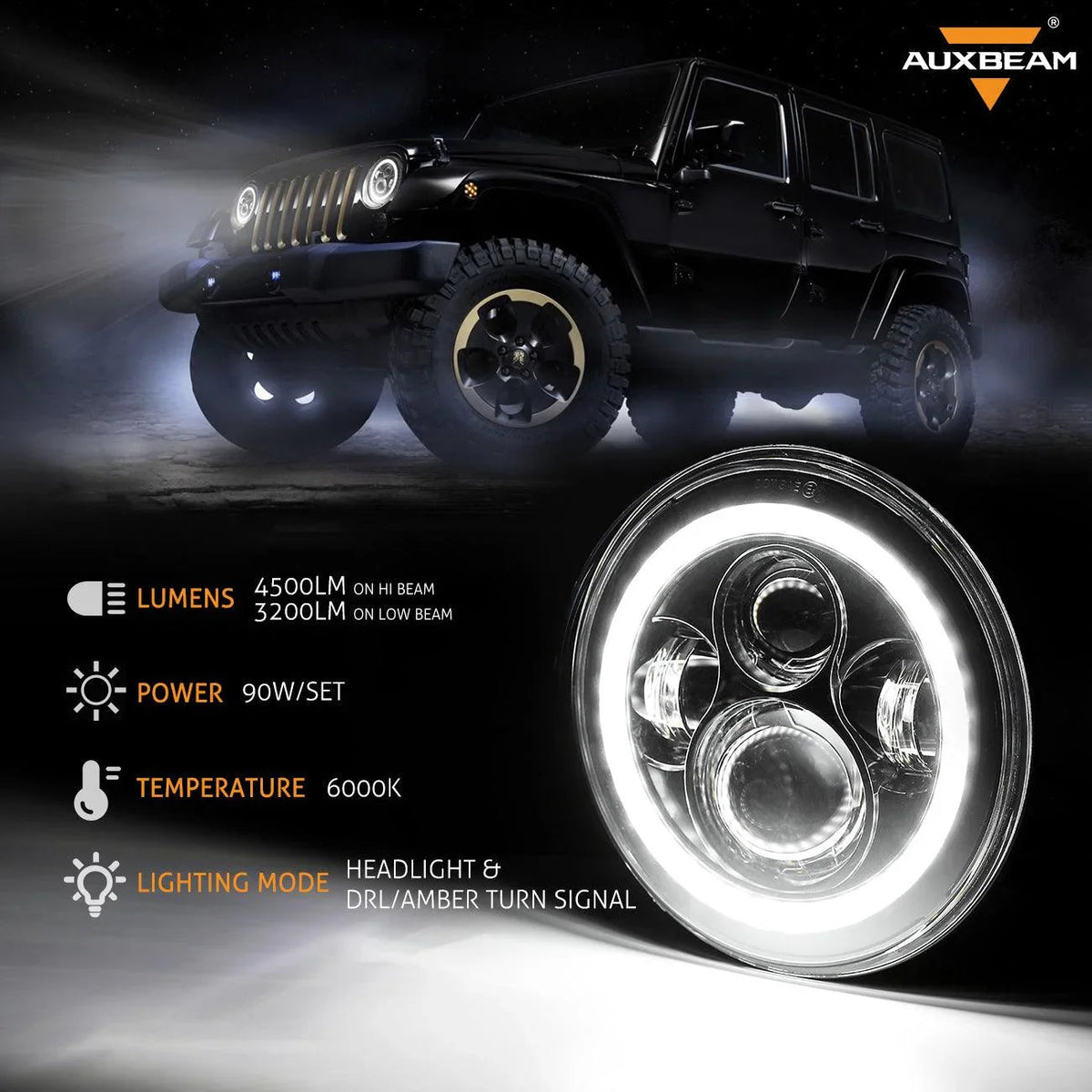 Auxbeam 7'' LED Headlight Replacement for Jeep Wrangler JK