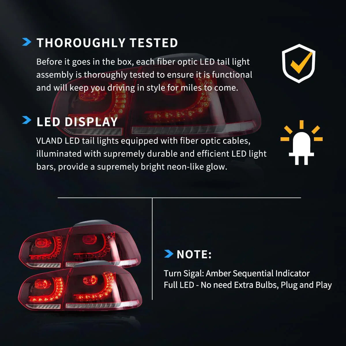 Vland LED Tail Light Assembly for 2009-2014 VW Golf 6th Gen Mk6 Hatchback