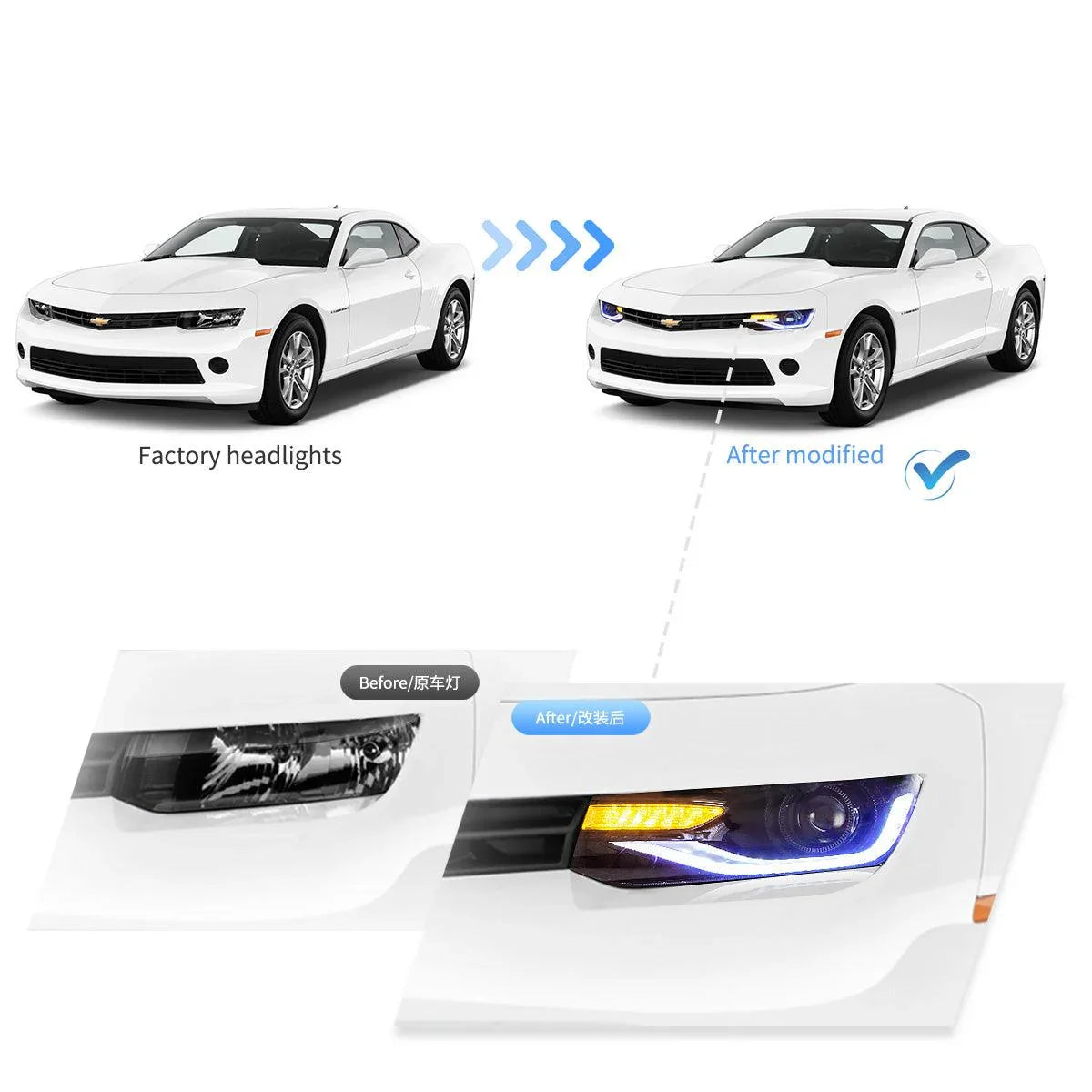 Vland LED Headlight Assembly RGB Dual Beam for 2014-2015 Chevrolet Camaro