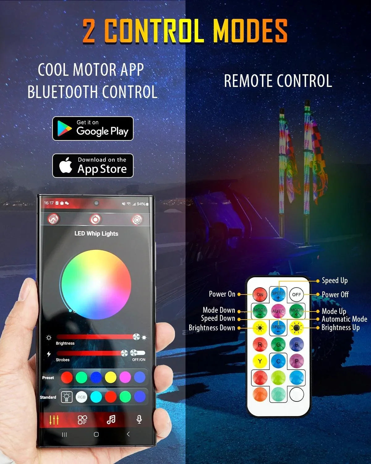 Auxbeam 2.8FT LED RGB Whip Lights with Turn Signal & Brake Light