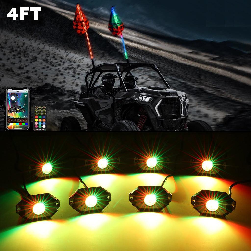 Auxbeam 2Pcs 4FT RGB LED Whip Lights with Turn Signal & Brake Light + RGB LED