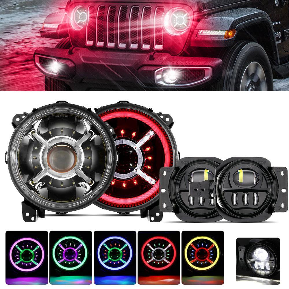 Auxbeam 9'' Round RGB LED Headlights Bluetooth for Jeep Wrangler JL 2018-2019