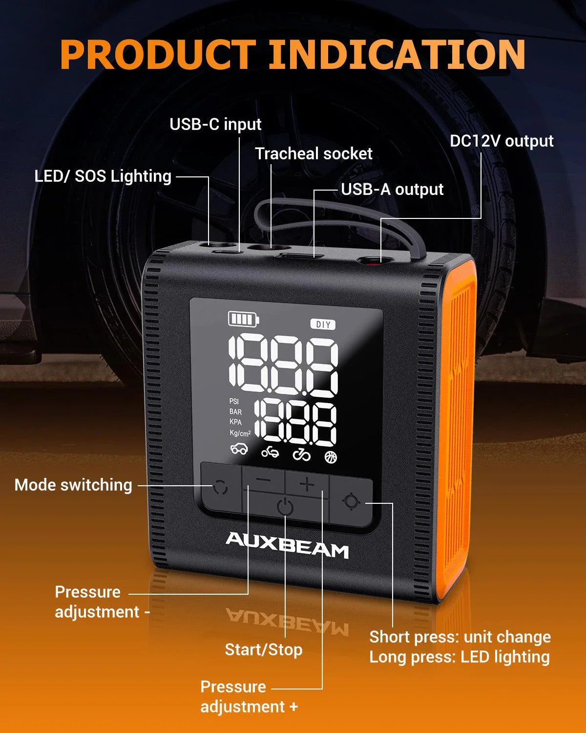Auxbeam Model-H4 PRO 19mm Cylinder Portable Car Tire Inflator Air Compressor