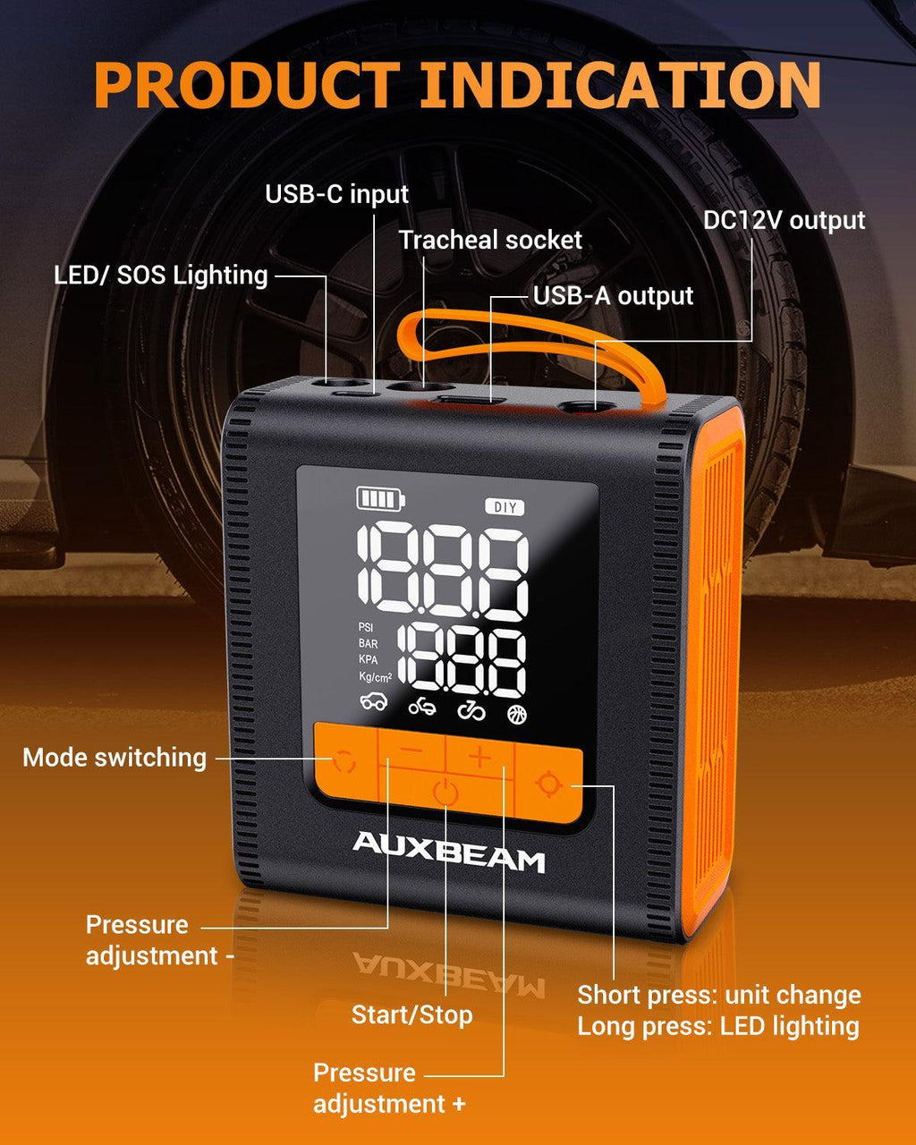 Auxbeam Model-H4 19mm Cylinder Portable Car Tire Inflator Air Compressor Pump